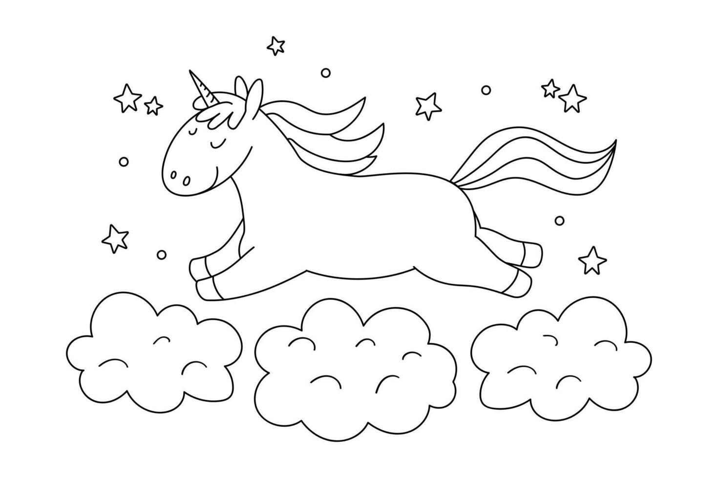 Hand gezeichnet Färbung Seite mit ein Einhorn fliegend im Wolken. Vektor Illustration