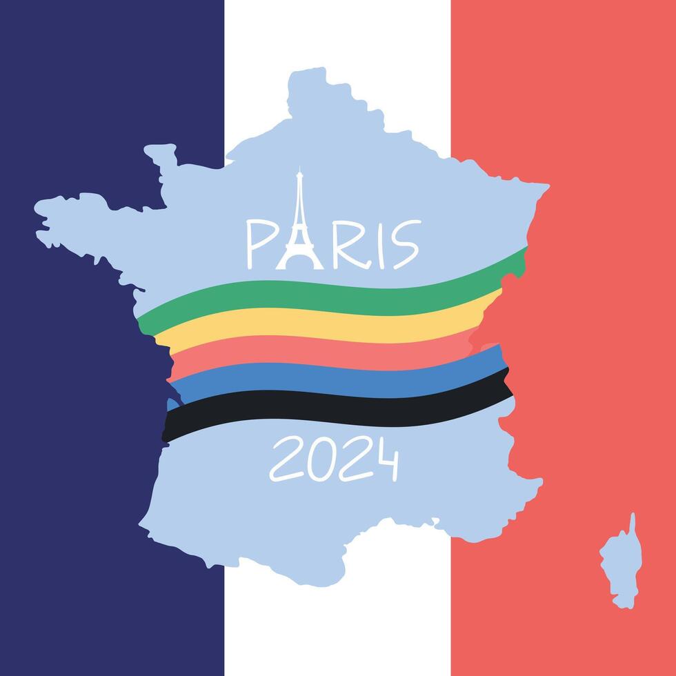 Paris 2024 olympisch Sport Spiele Design. Eiffel Turm Silhouette und Flagge im olympisch Ringe Farben. Hintergrund im Frankreich Flagge Farben. Vektor Illustration