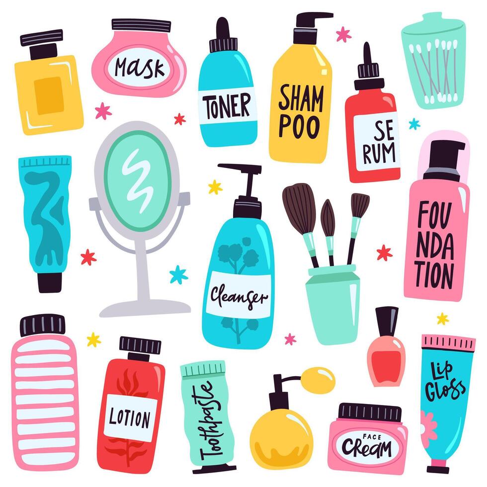 smink verktyg. hudvård rutin- kosmetisk Produkter, hand dragen hudvård kosmetisk klotter verktyg, skönhet och smink vektor illustration ikoner uppsättning