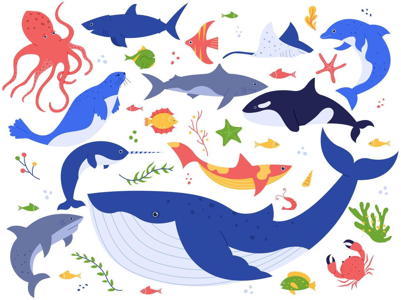 Ozean Tiere. süß Fisch, Orca, Hai und Blau Wal, Marine Tiere und Meer Kreaturen Illustration Vektor Satz. unterseeisch Welt Pack. Seetang, Algen und Wasser Pflanzen Clip Art Sammlung