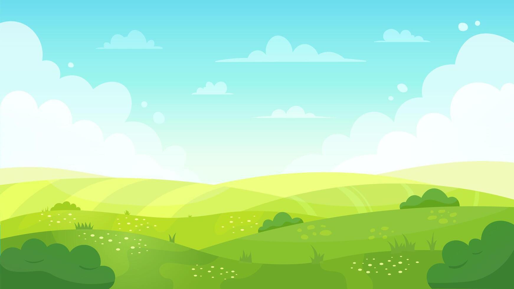 tecknad serie äng landskap. sommar grön fält se, vår gräsmatta kulle och blå himmel, grön gräs fält landskap vektor bakgrund illustration