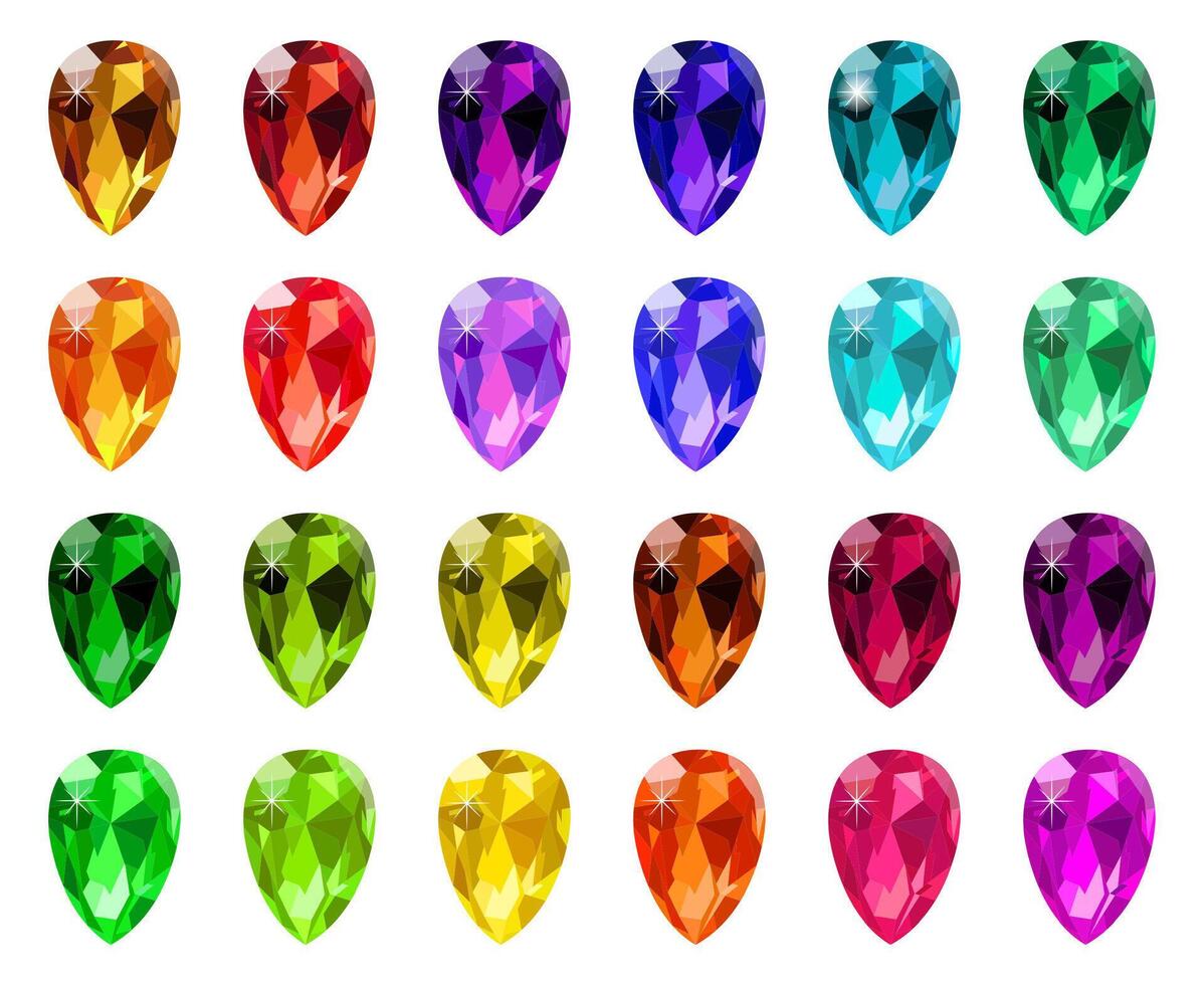 Juwel Diamant Kristalle. Edelstein Diamant Juwel, Spiel Schmuck Luxus Stein, kostbar Strasssteine isoliert Symbole einstellen vektor