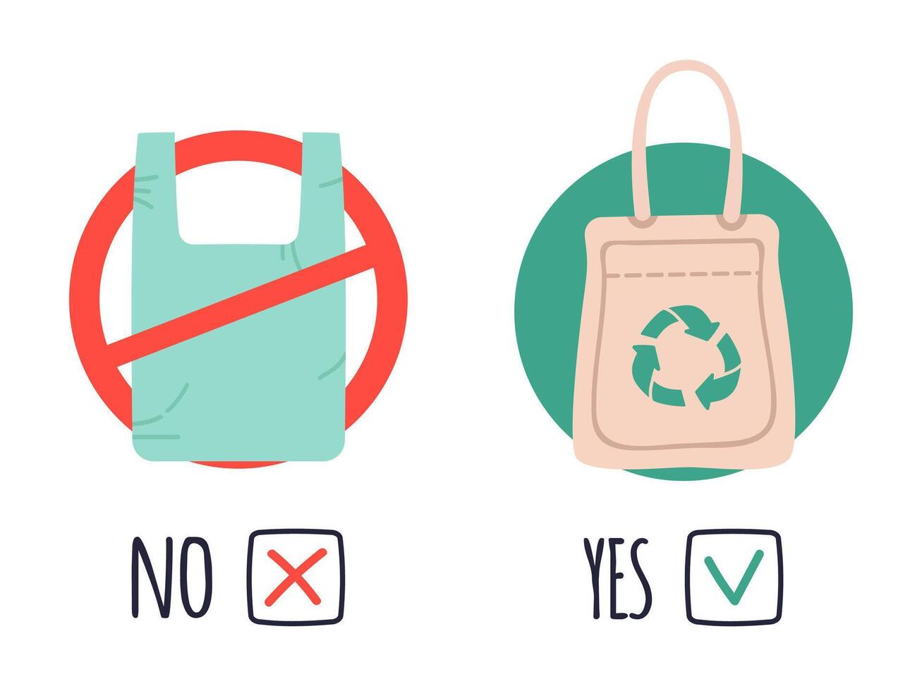 Plastik und Öko Taschen. Verschmutzung Polyethylen Problem, sagen Nein zu Plastik Taschen, halt mit Cellophan Tasche. Nein Plastik Konzept Vektor Abbildungen