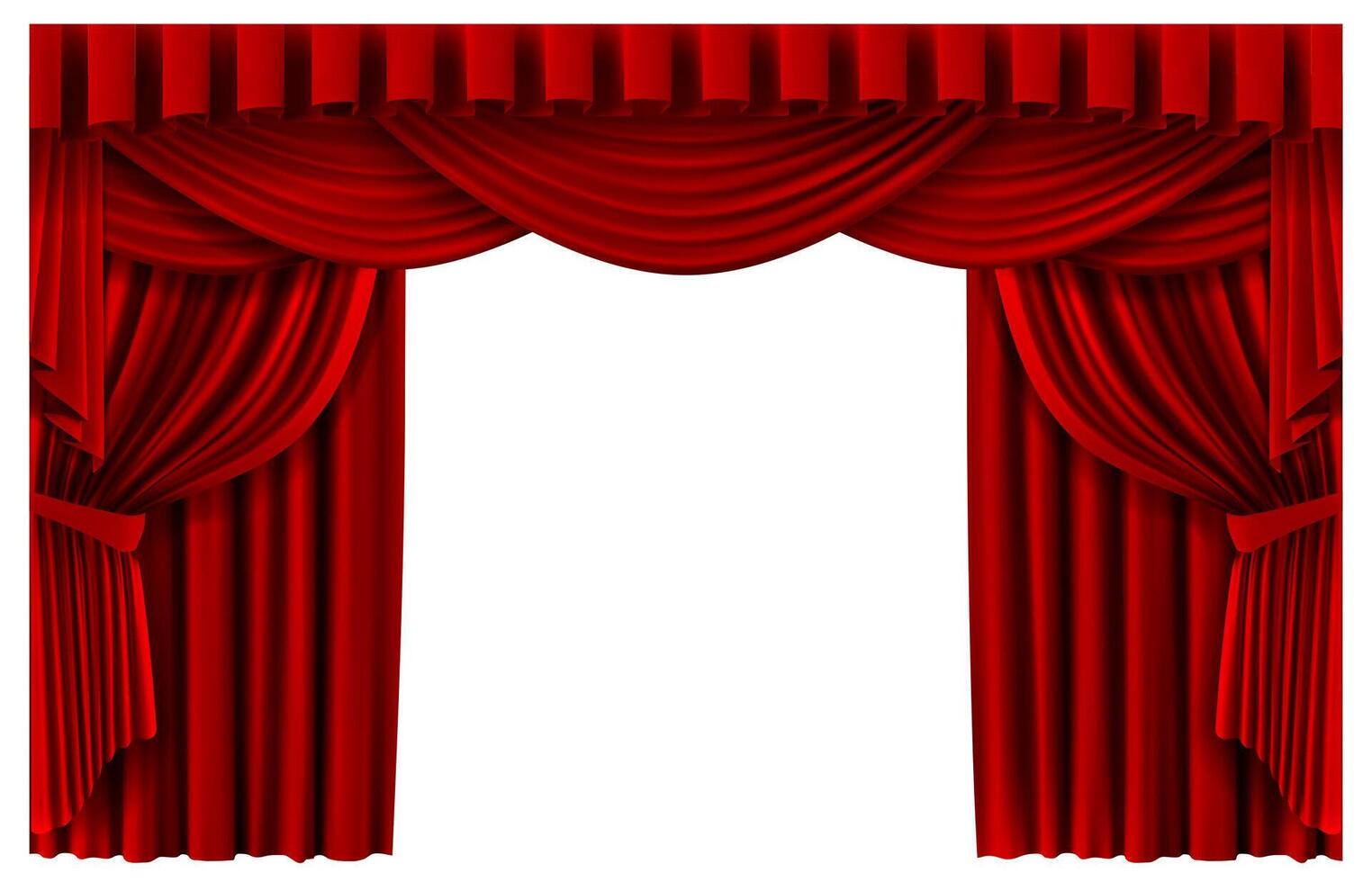 röd skede ridå. realistisk teater scen bakgrund, bio premiär portiere draperier, rödblommig ceremoni gardiner vektor mall illustration