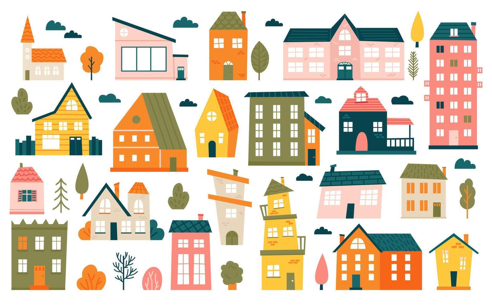 söt mycket liten hus. tecknad serie små stad hus, minimalism stad byggnader, minimal förorts bostads- hus vektor illustration ikoner uppsättning