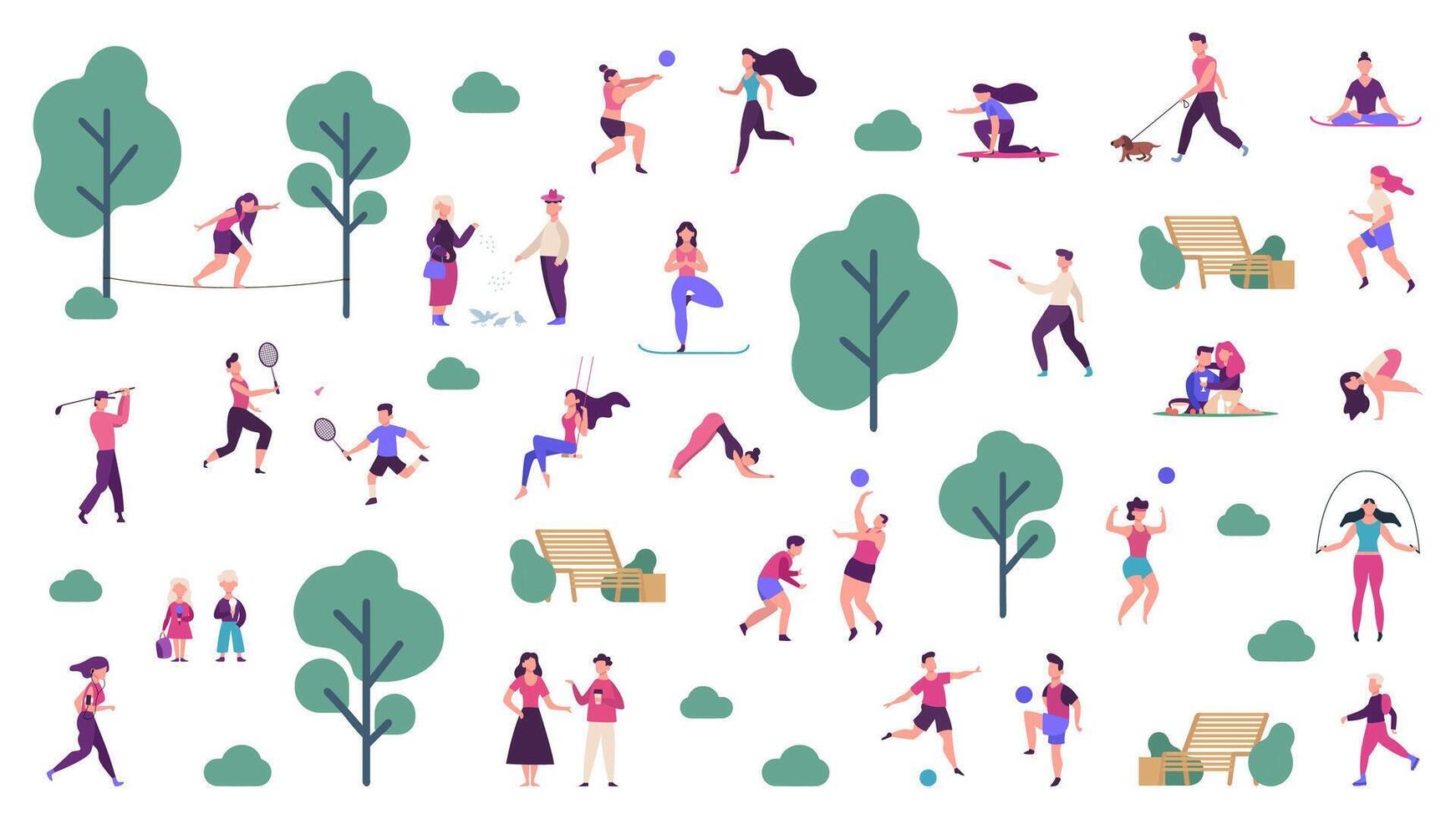 aktiv draussen Lebensstil. Menschen gesund Lebensstil und Park Sport Aktivitäten, draussen Spiele, Joggen und Laufen Vektor Illustration Symbole einstellen