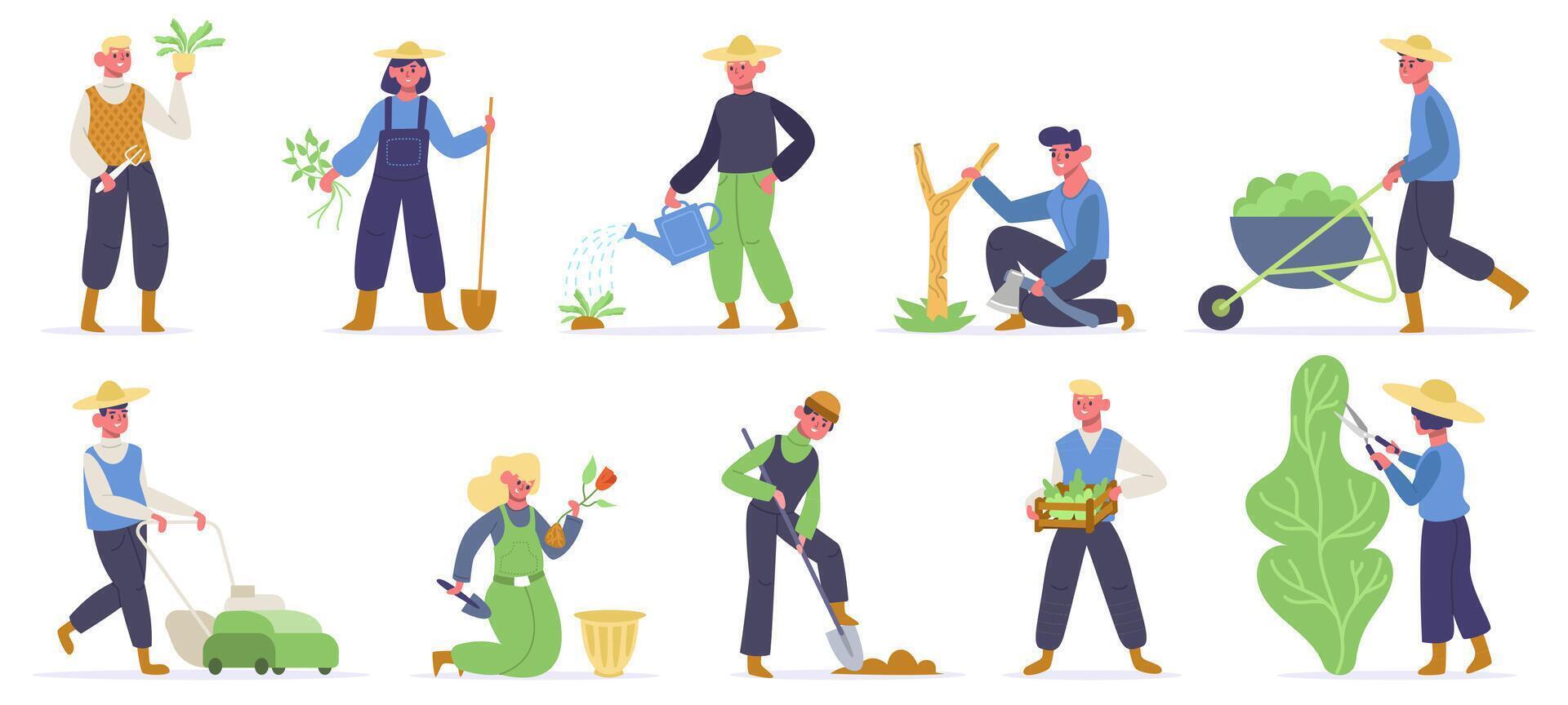 trädgårdsarbete tecken. bruka arbetare, trädgårdsmästare plantering, vattning och sammankomst lantbruk växter och greener. trädgårdsmästare arbete vektor illustrationer