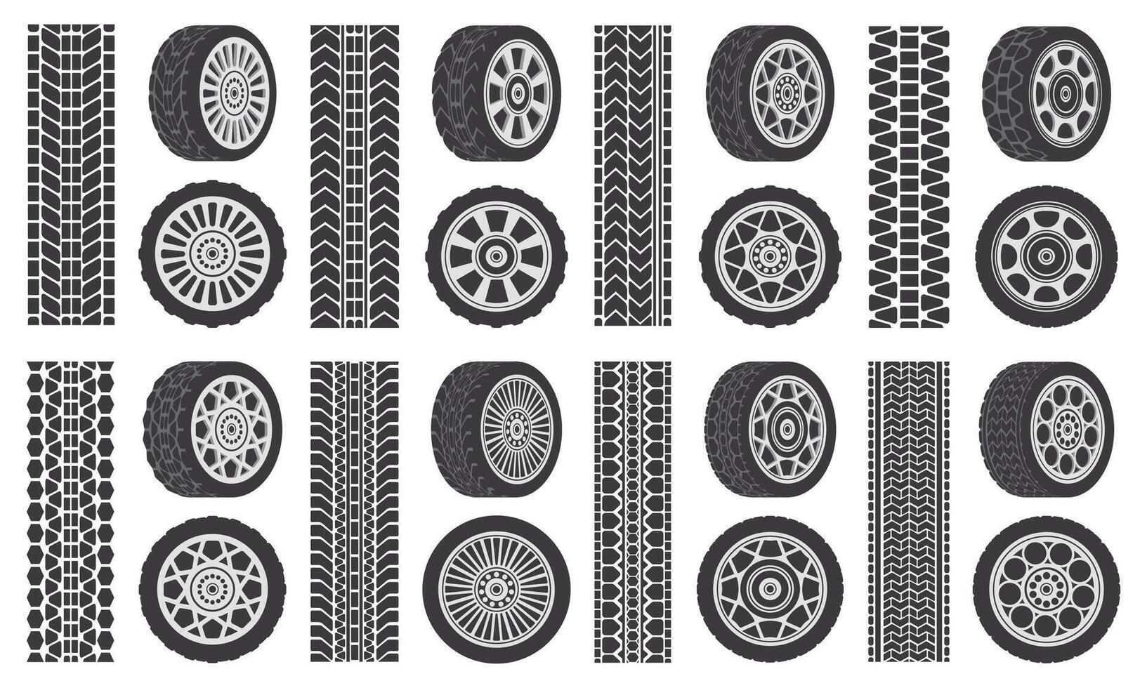 Auto Rad Reifen. Spur Spuren, Automobil Rad Felgen, Auto Fahrzeug treten Spuren. Gummi Rad Reifen isoliert Symbole Illustration einstellen vektor