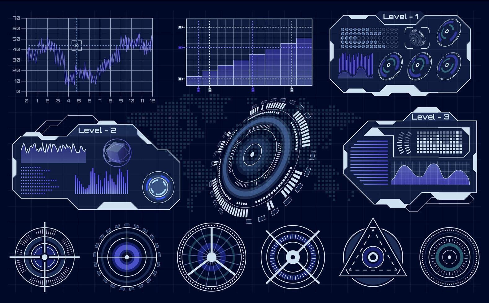 futuristisch hud Schnittstelle. technologisch hud Hologramm, Wird geladen Diagnose Anzeige, Digital Infografik ui Elemente Vektor Hintergrund Illustration