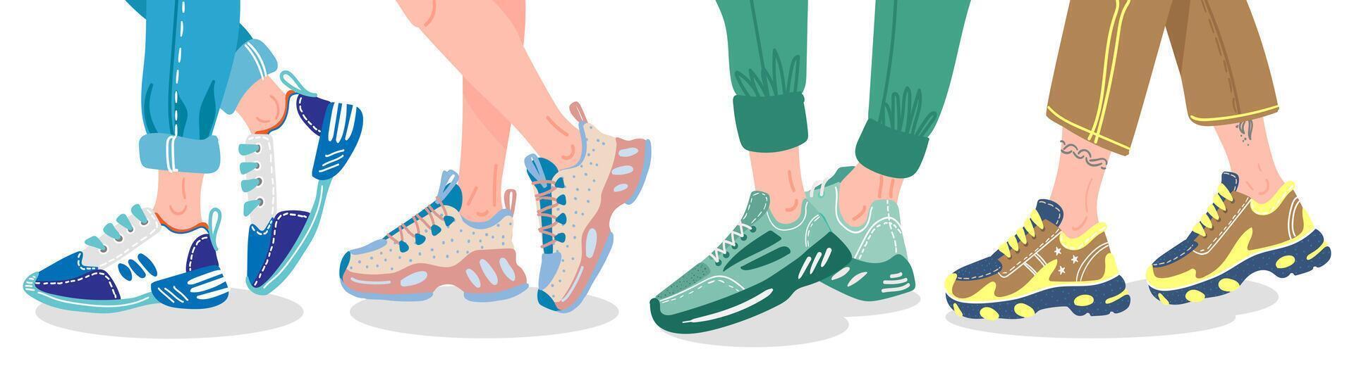 ben i sneakers. kvinna eller manlig ben bär modern sneakers, människor ben i mode utbildare, eleganta sport Skodon vektor illustration