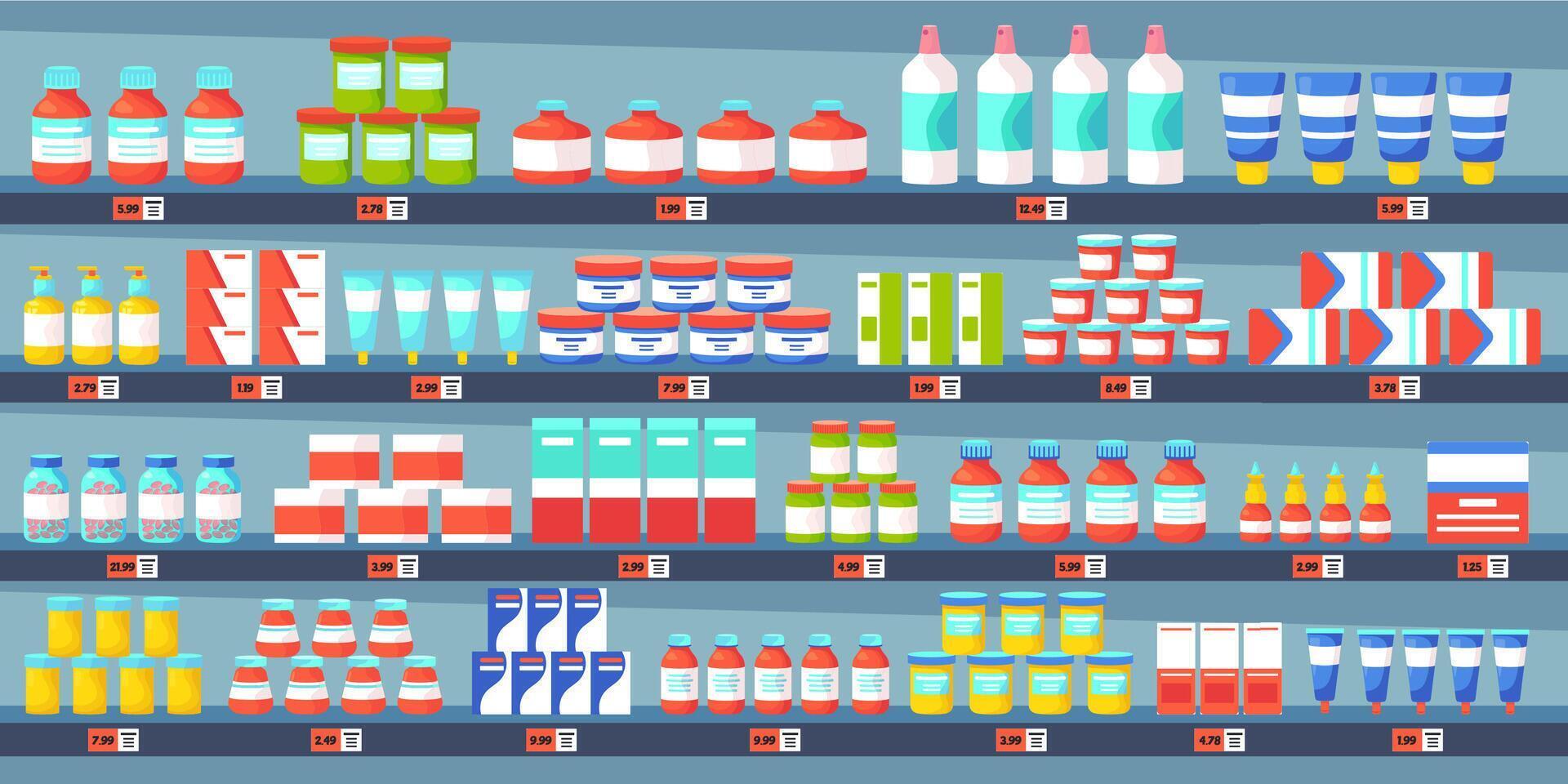 Medizin Apotheke Regale. Apotheke Geschäft Innere, Medizin Tabletten Flaschen, Schmerzmittel Behandlungen Drogerie medizinisch Konzept Vektor Illustration