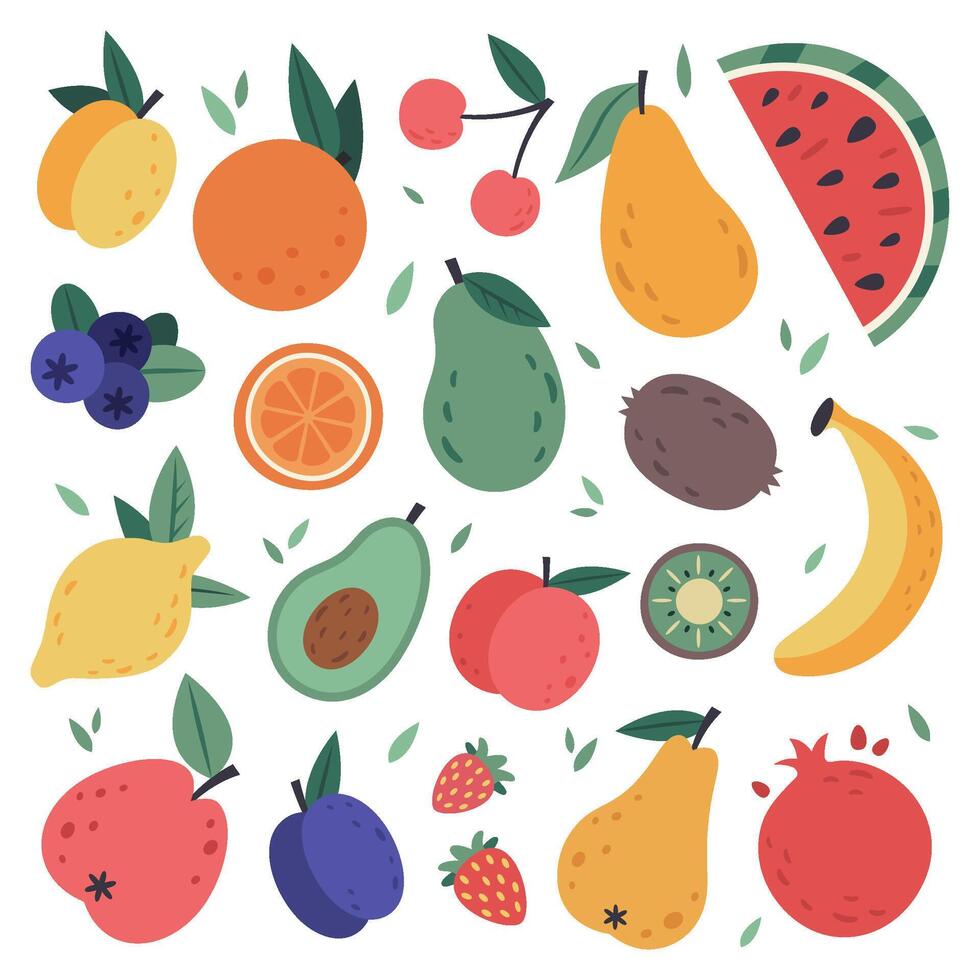 hand dragen frukter. klotter skörda, citrus, avokado och äpple, naturlig vegan ljuv sommar frukter. tropisk organisk frukt, utsökt kök mat vektor illustration uppsättning