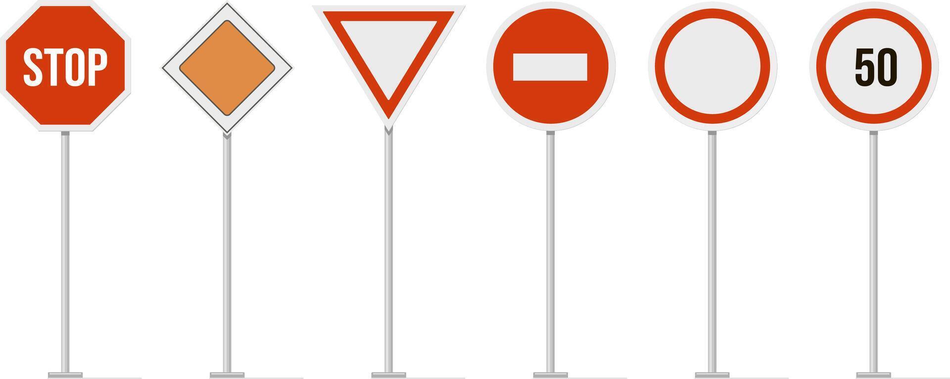 Autobahn Straße Zeichen. der Verkehr Straße, Autobahn Geschwindigkeit Straße Zeichen, beschränkt städtisch und Autobahn Symbole. regulatorisch, Warnung, und leiten Charakter Zeichen Vektor isoliert Symbol einstellen