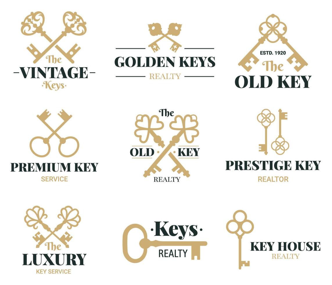 gammal nycklar emblem. årgång dörr nycklar etiketter, verklig egendom byrå eller nyckel service vektor symboler uppsättning. retro nycklar företag logotyper