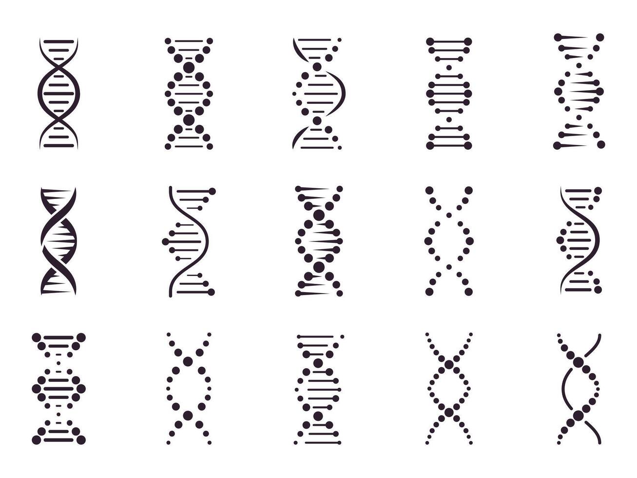 dna modell element. kemi spiral kromosom strukturera begrepp, gen mikrobiologi, molekyl helix strukturera, medicinsk vetenskap dna element isolerat vektor ikoner uppsättning. deoxiribonukleinsyra syra Ränder