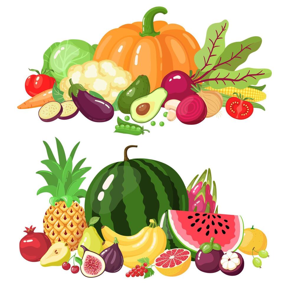 grönsaker och frukter. tecknad serie vegetarian mat, vattenmelon, pumpa och äpple vitamin färsk grönsaker och frukt vektor illustration ikoner uppsättning