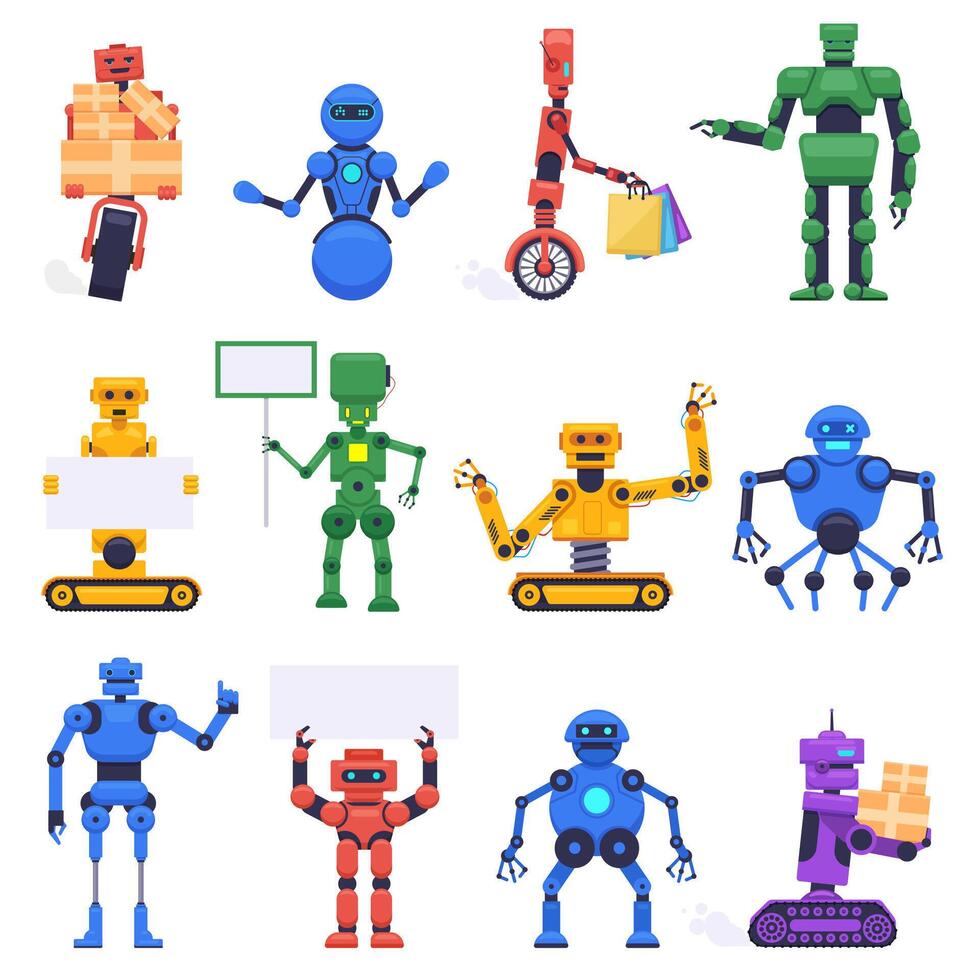 futuristisch Roboter. Robotik Android bot, mechanisch Humanoid Roboter Figuren, Roboter Maskottchen Assistent, isoliert Vektor Illustration Symbole einstellen