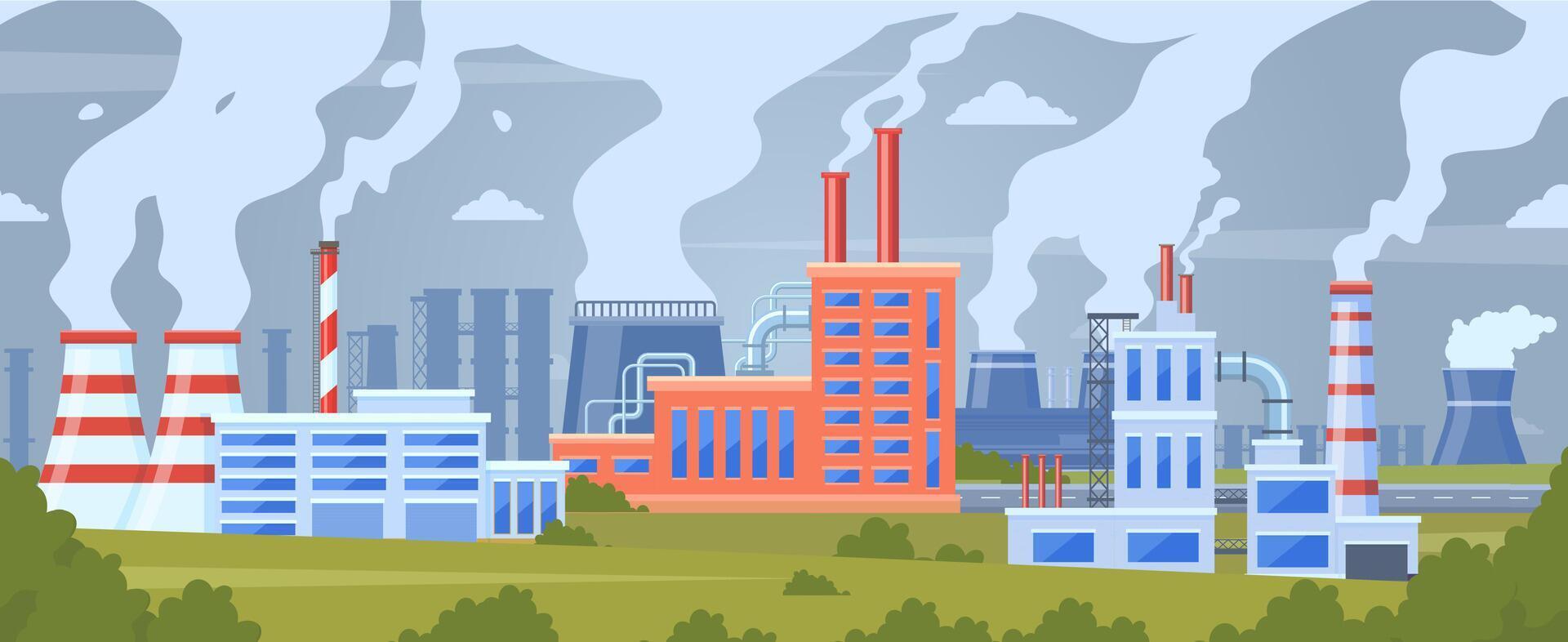 fabrik luft förorening. industriell smog förorening, förorenad urban landskap, skorsten rör fabrik toxisk rök moln vektor illustration