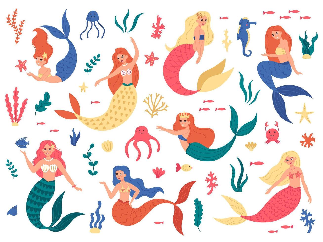 Marine Meerjungfrauen. süß Meerjungfrau Prinzessin, Fee Meerjungfrau Mädchen mit Ozean Marine Elemente, Hand gezeichnet Magie unter Wasser Welt Vektor Illustration einstellen