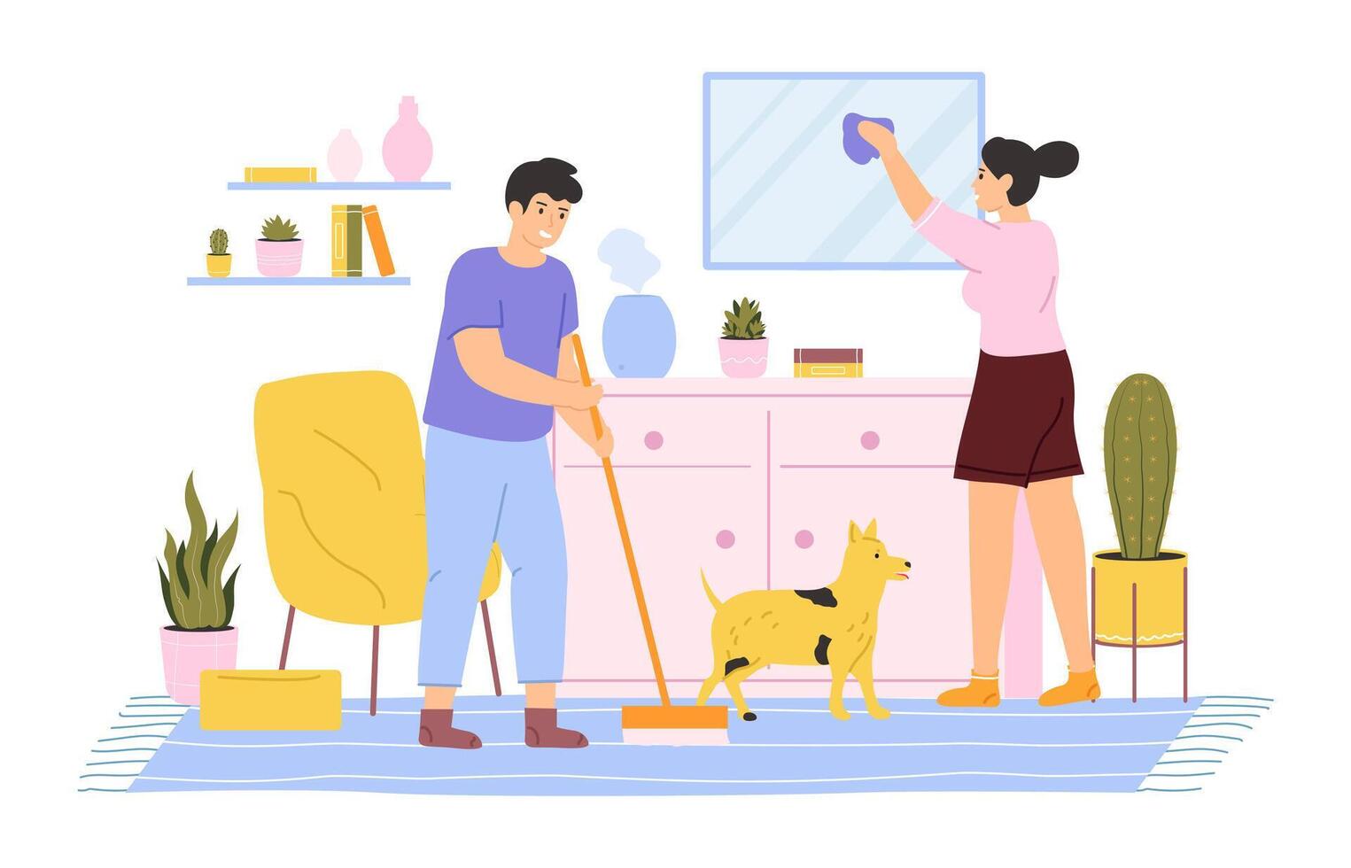 hus rengöring. ung par rengöring och tvättning hus, dagligen Hem rutiner. inhemsk hushållning sysslor vektor illustration uppsättning