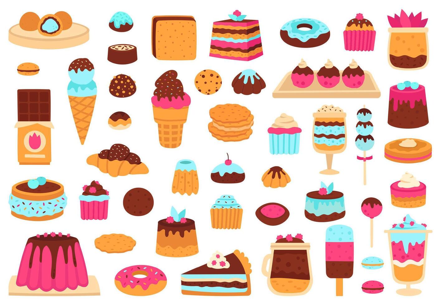 Süss Nachspeisen. Bäckerei Süßigkeiten, Muffin Kuchen, Eis Creme, Hand gezeichnet Süßigkeiten, Schokolade Bar und Macarons. süß Süßigkeiten Vektor Illustration einstellen