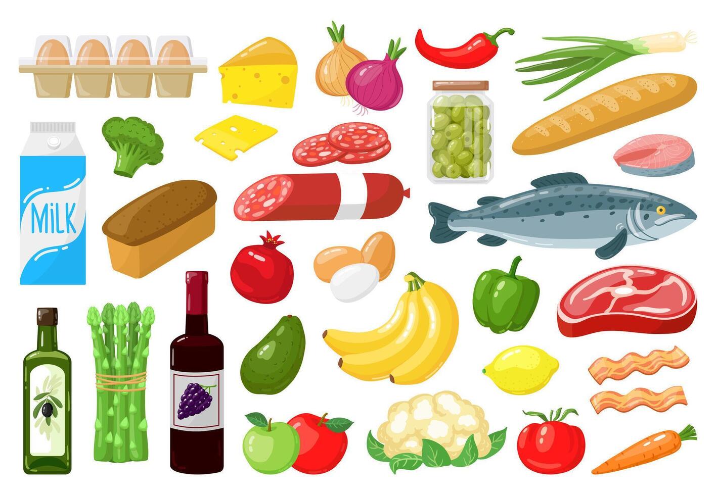 matvaror Produkter. mat handla grönsaker, mjölk, kött, bröd, ost och frukter, friska varje dag måltid specerier vektor illustration uppsättning