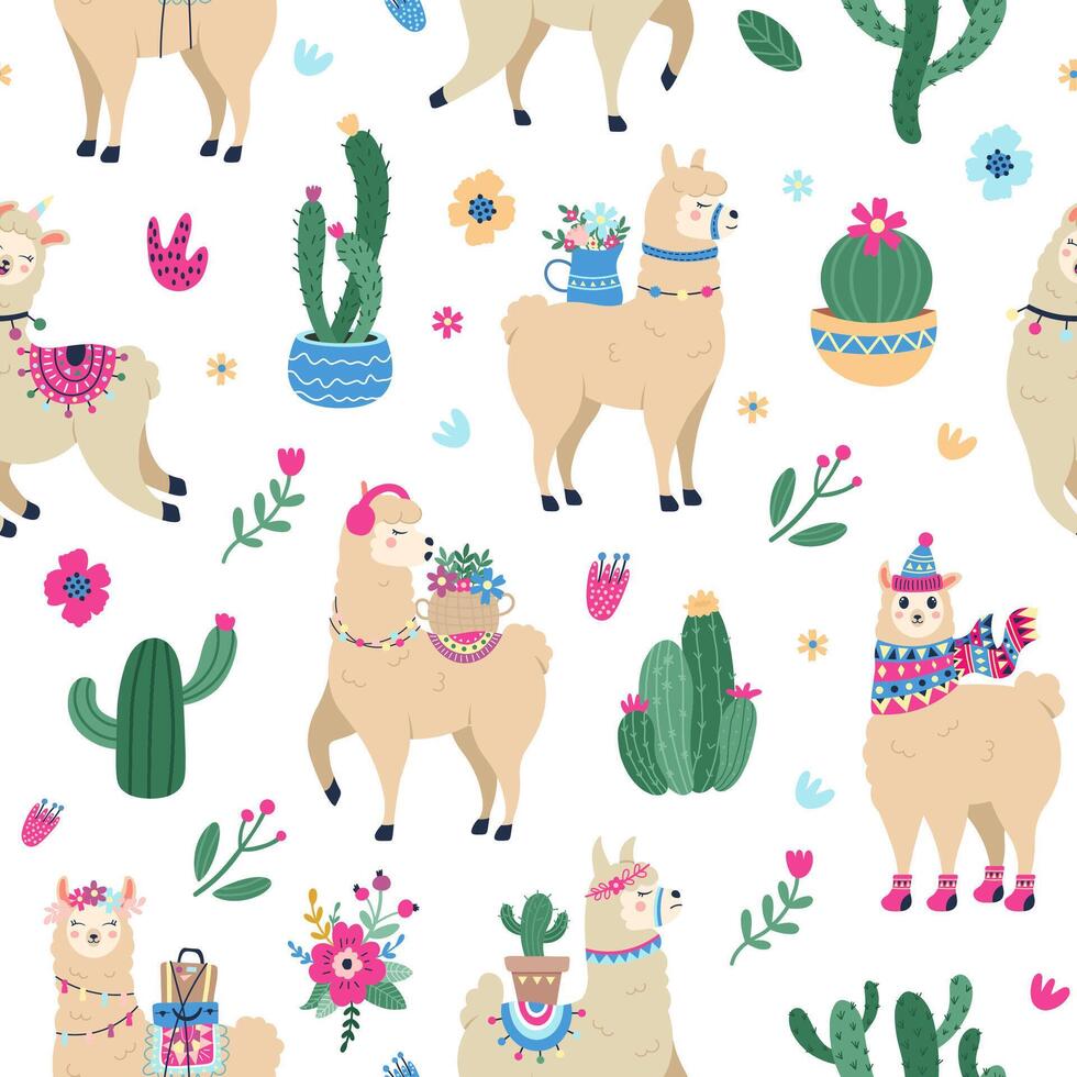 Lama und Kaktus Muster. süß nahtlos Hand gezeichnet Mexikaner Alpaka mit Wüste Kakteen, peruanisch ethnisch Vektor Hintergrund Illustration