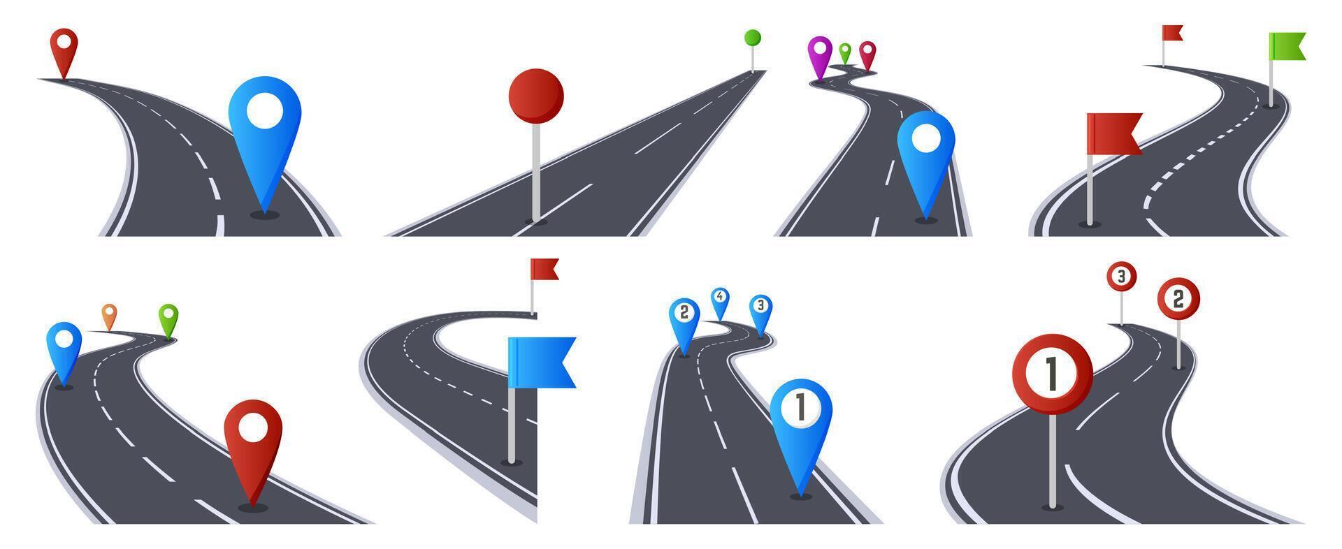 Roadmap mit Stifte. Biegen Asphalt Straßen Navigation Infografik, markiert Route, Weg Richtung Straße isoliert Vektor Illustration einstellen