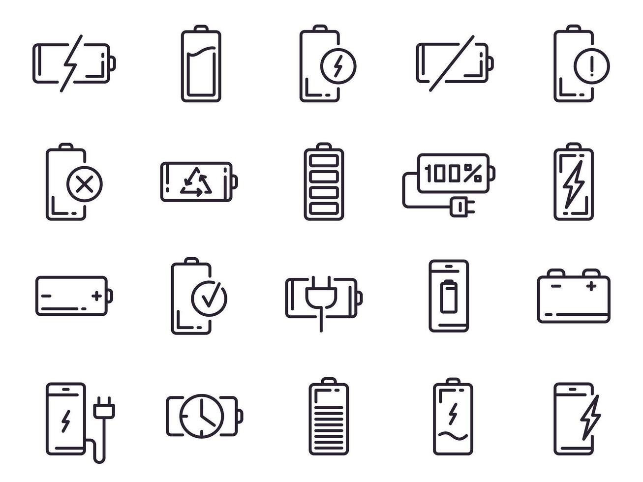 angetrieben aufladen Symbol. Batterie aufladen, Smartphone Leistung eben, elektrisch aufladen Bahnhof und recyceln Linie Kunst Elemente zum ui Design Vektor isoliert Symbole Satz. Kontur Piktogramme. Batterie Leben Indikator