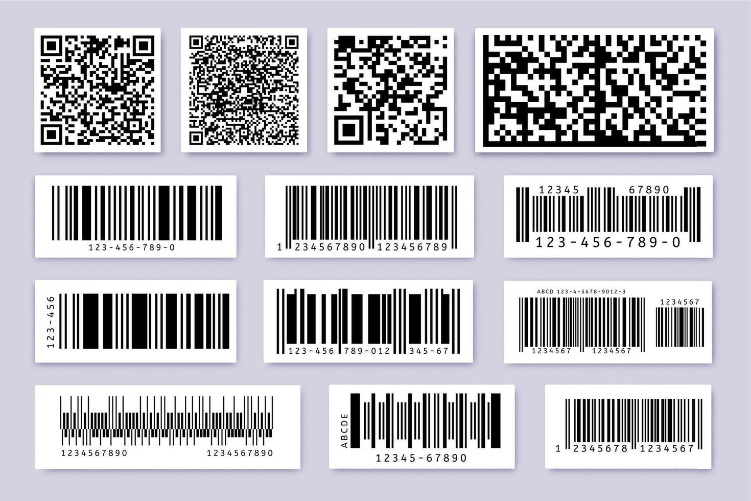 Barcode Etiketten. Produkt Etikette Bar Aufkleber, Barcodes Abzeichen und industriell qr Code isoliert Symbole Vektor Satz. Identifizierung Codes zum Produkt Verkauf, Waren Verfolgung und Inventar Nummer