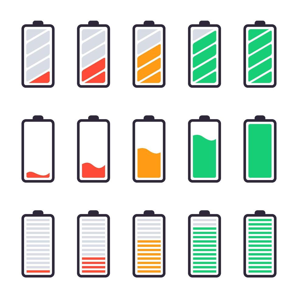 batterier full avgift. energi indikatorer, avgift nivåer och ackumulator energi full och tömma status och smartphone kraft nivå ui design element vektor isolerat ikoner uppsättning. enhet batteri samling