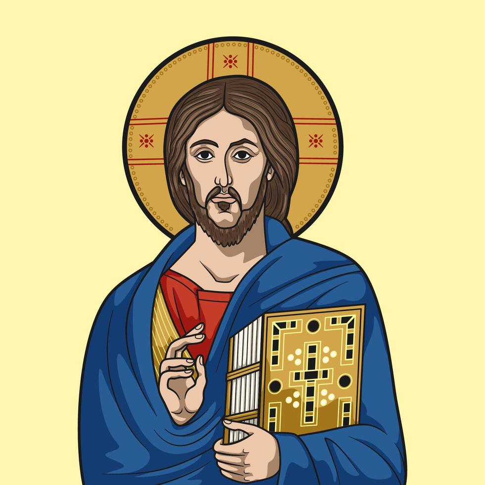 Jesus Christus Pantokrator Stil griechisch byzantinisch Symbol farbig Vektor Illustration