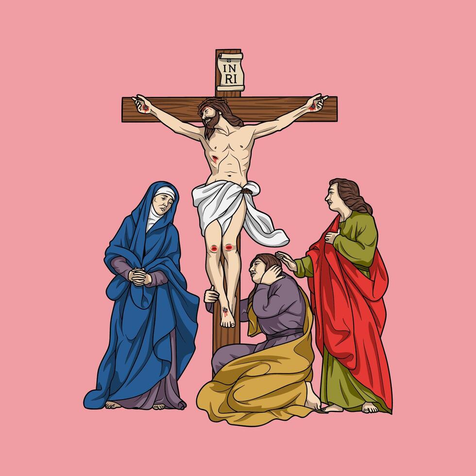 Kreuzigung von Jesus Christus mit Maria, John und Magdalena farbig Vektor Illustration