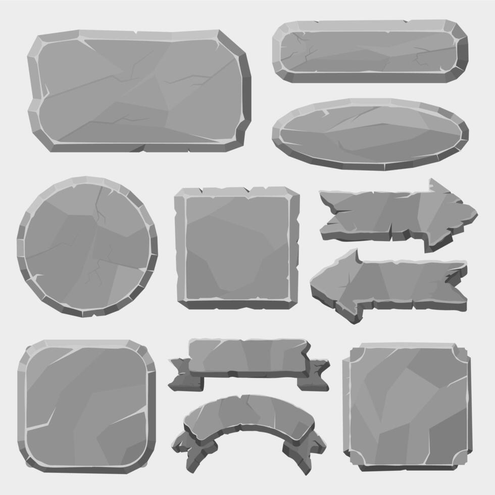 sten spel brädor. granit stenar knappar, grå sten baner, pilar och paneler, sten ui element för spel design vektor illustration symboler uppsättning