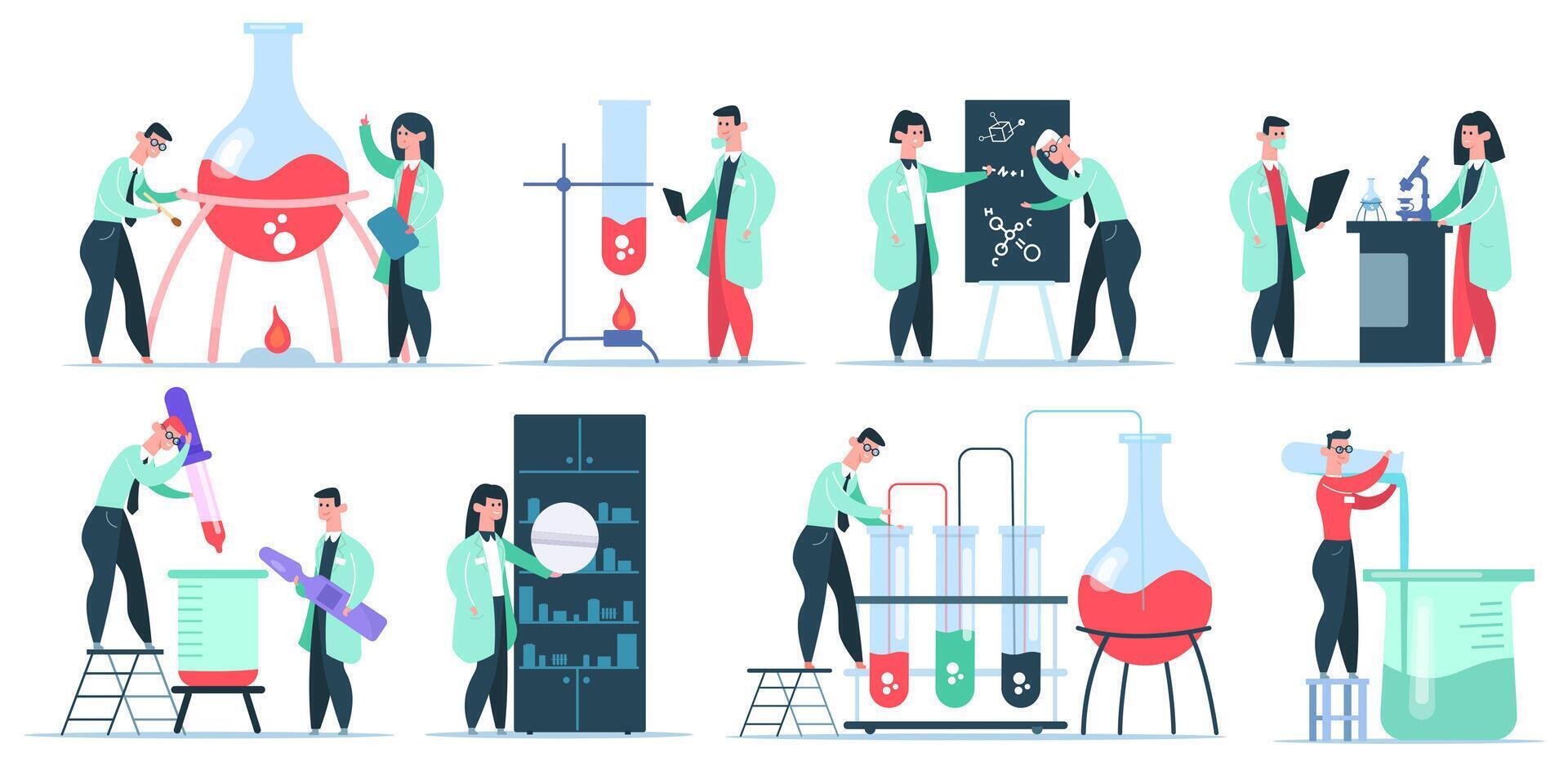 Wissenschaft Chemiker Figuren. Wissenschaft Labor Forschung, Arbeiten Chemie Klinik Wissenschaftler. pharmazeutische Forscher Vektor Illustration einstellen