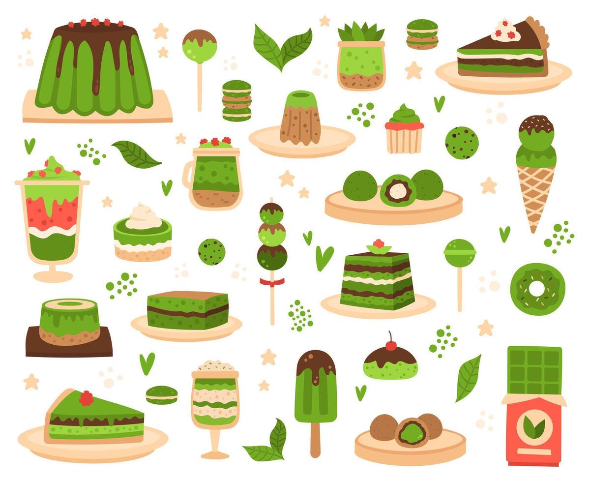 Matcha Nachspeisen. japanisch Matcha Pulver Produkte, mochi, Eis Creme, Kuchen, Macarons und Pudding, Matcha Süßigkeiten und Gebäck Vektor Illustration einstellen