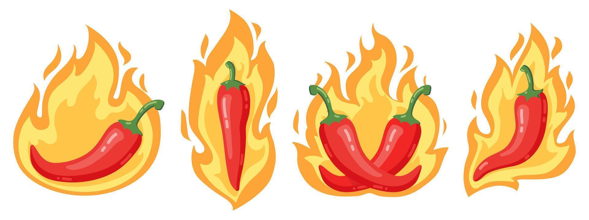 varm chili paprika. tecknad serie kryddad röd chili peppar i brand lågor, röd varm brinnande mexikansk paprikor isolerat vektor illustration ikoner uppsättning