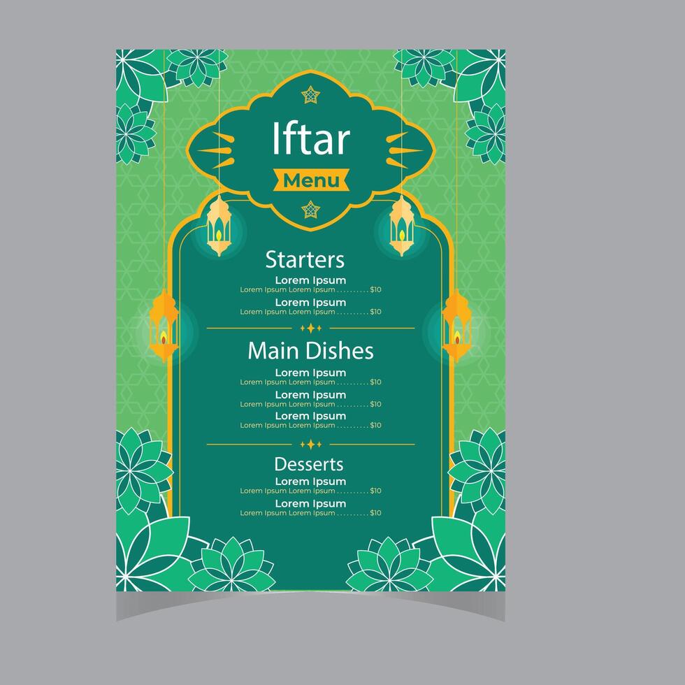 Vektor eben iftar Vertikale Speisekarte Vorlage Ramadan Speisekarte Vorlage im Blau islamisch Hintergrund Design. ebenfalls gut Vorlage zum Restaurant Speisekarte Design.