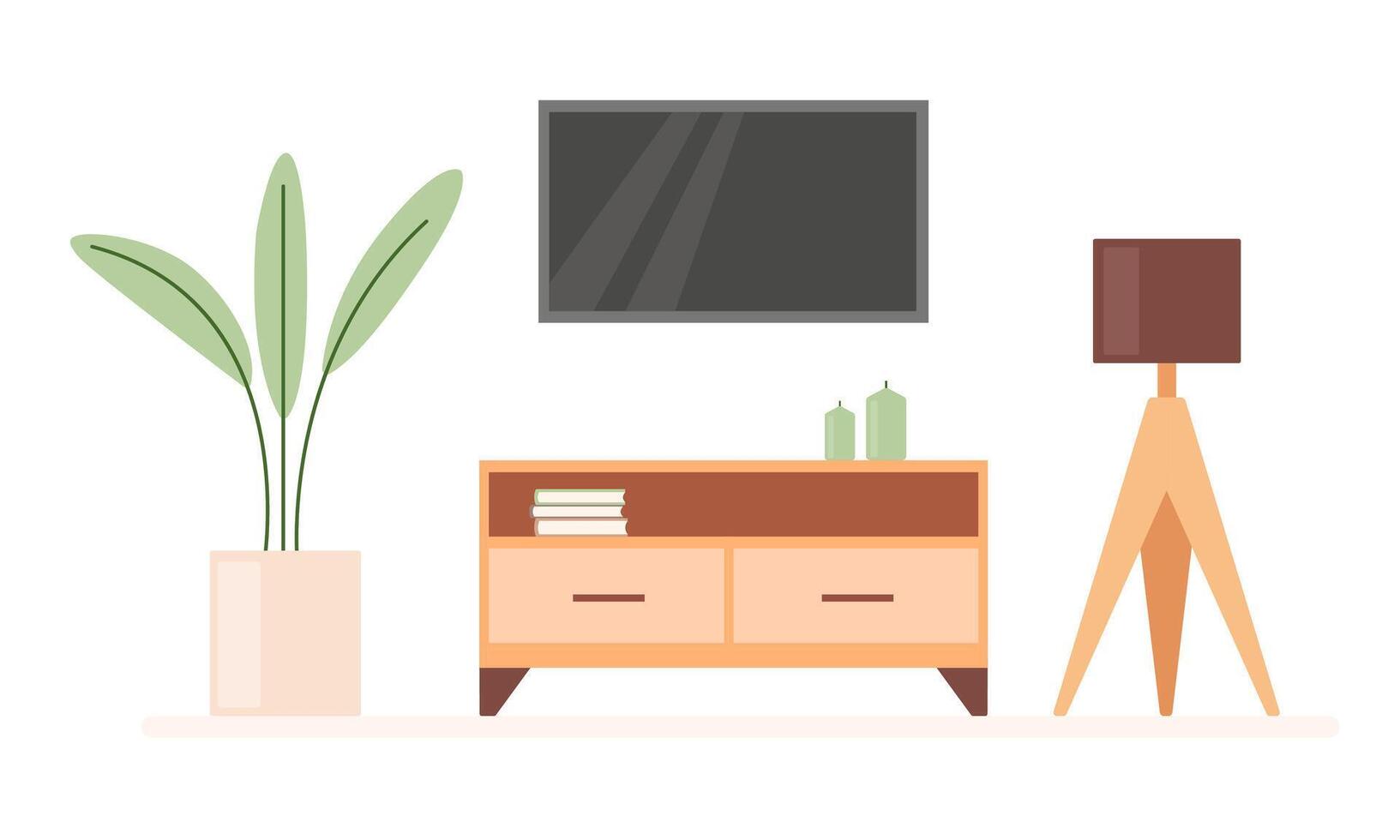 Fernseher Zone im Leben Zimmer mit Pflanze und Lampe. gemütlich modern Innere mit Kerzen und Bücher im minimalistisch Karikatur Stil vektor
