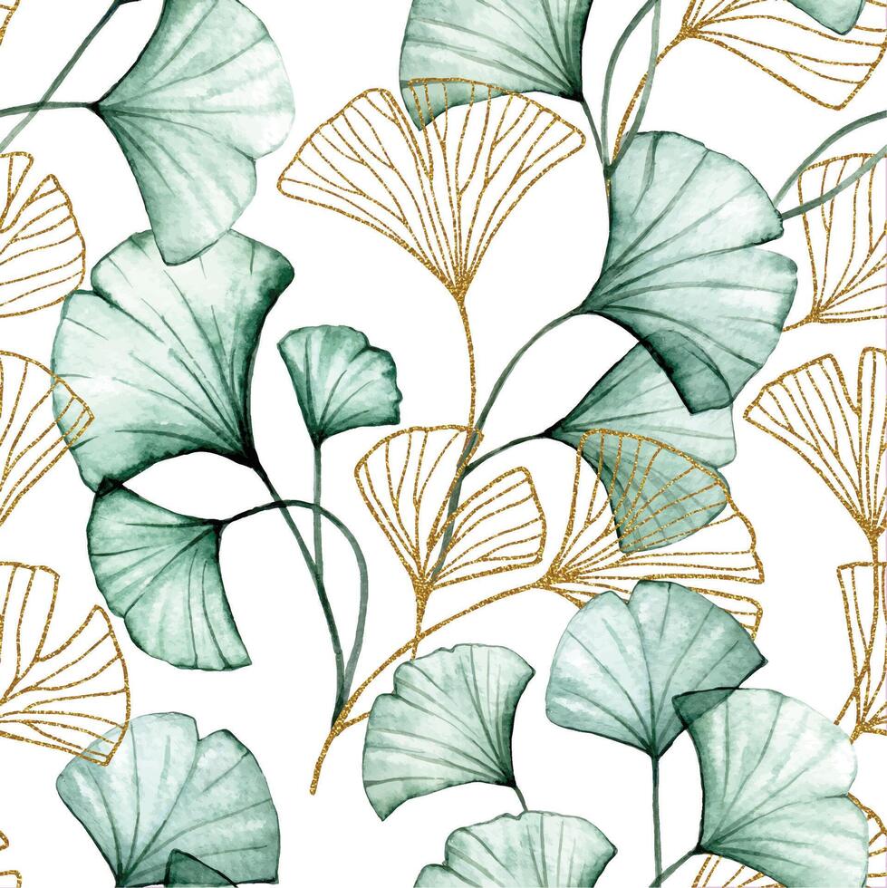 Aquarell nahtlos Muster mit transparent Ginkgo Blätter und Gold Blätter vektor