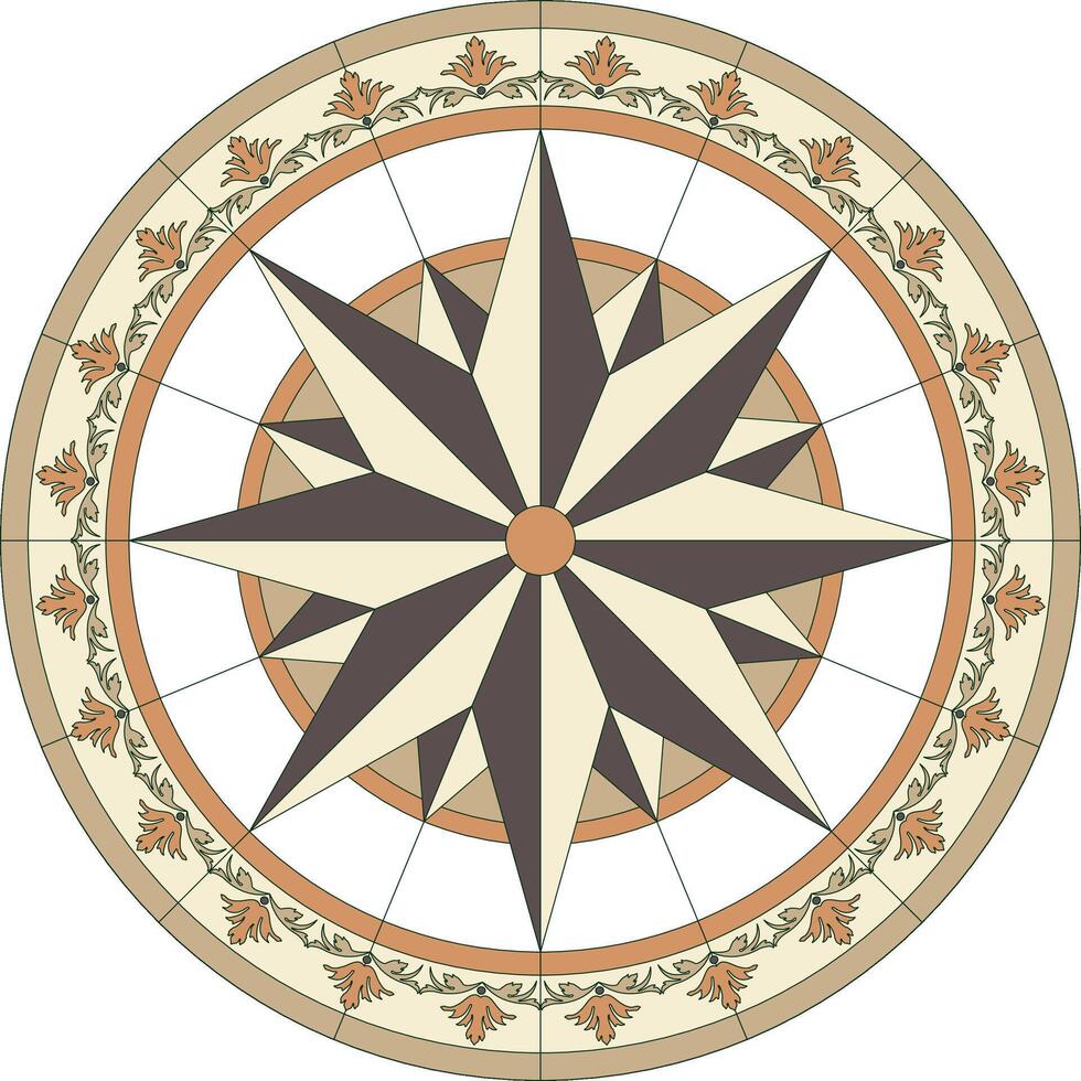 Vektor Wind Rose Kreis. runden geometrisch braun Muster, befleckt Glas Muster. Glas zum Decken, Wände, Nischen oder Fenster. Kardinal Punkte. Star und Dreiecke