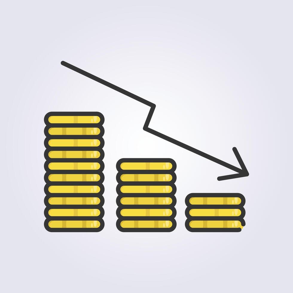 färgad översikt minskande mynt bar Diagram med stack mynt ikon logotyp vektor illustration design