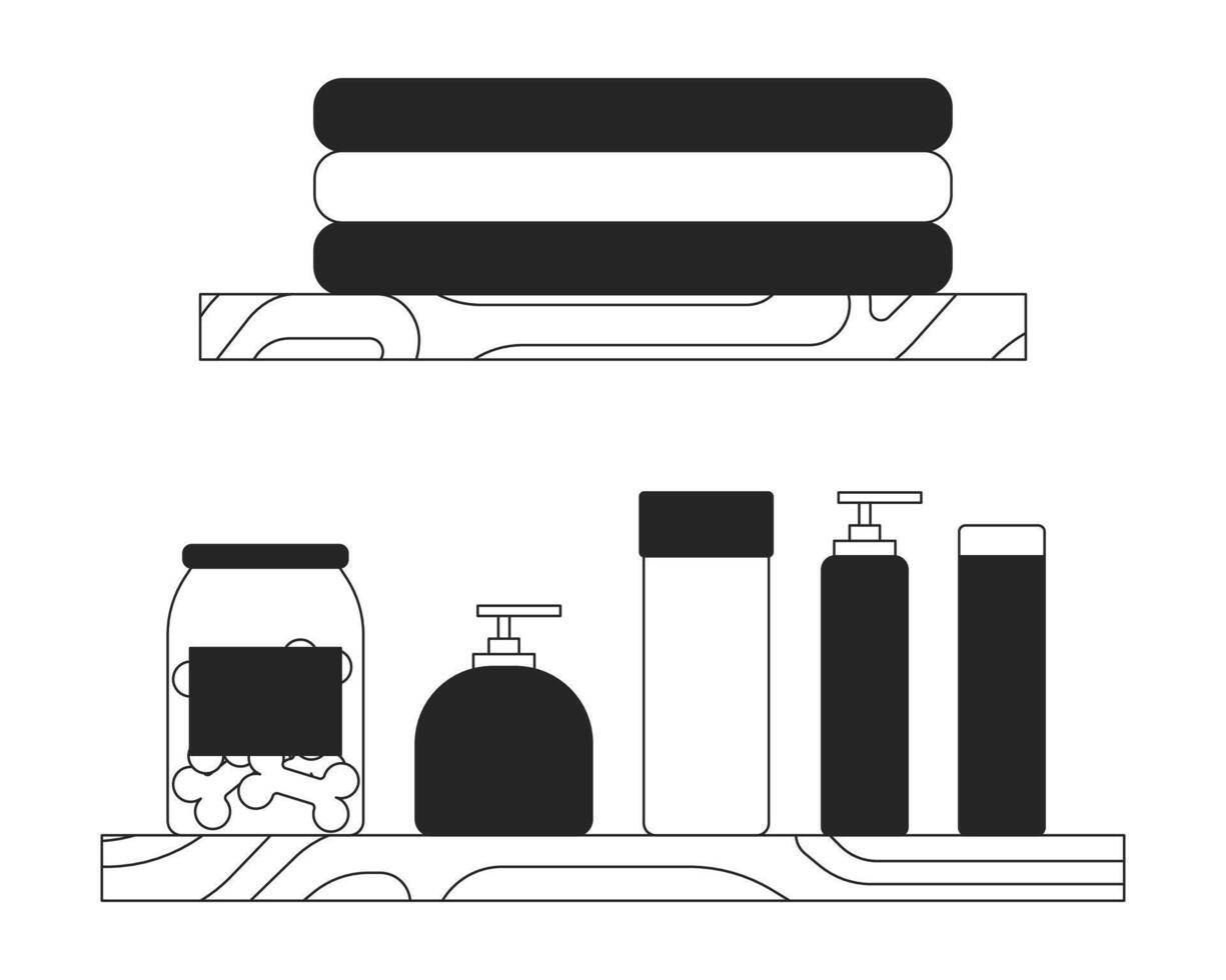 Toilettenartikel auf Regale schwarz und Weiß 2d Linie Karikatur Objekte Satz. kosmetisch Produkte, Leckereien und Handtücher isoliert Vektor Gliederung Artikel Sammlung. Zuhause Innere monochromatisch eben Stelle Abbildungen