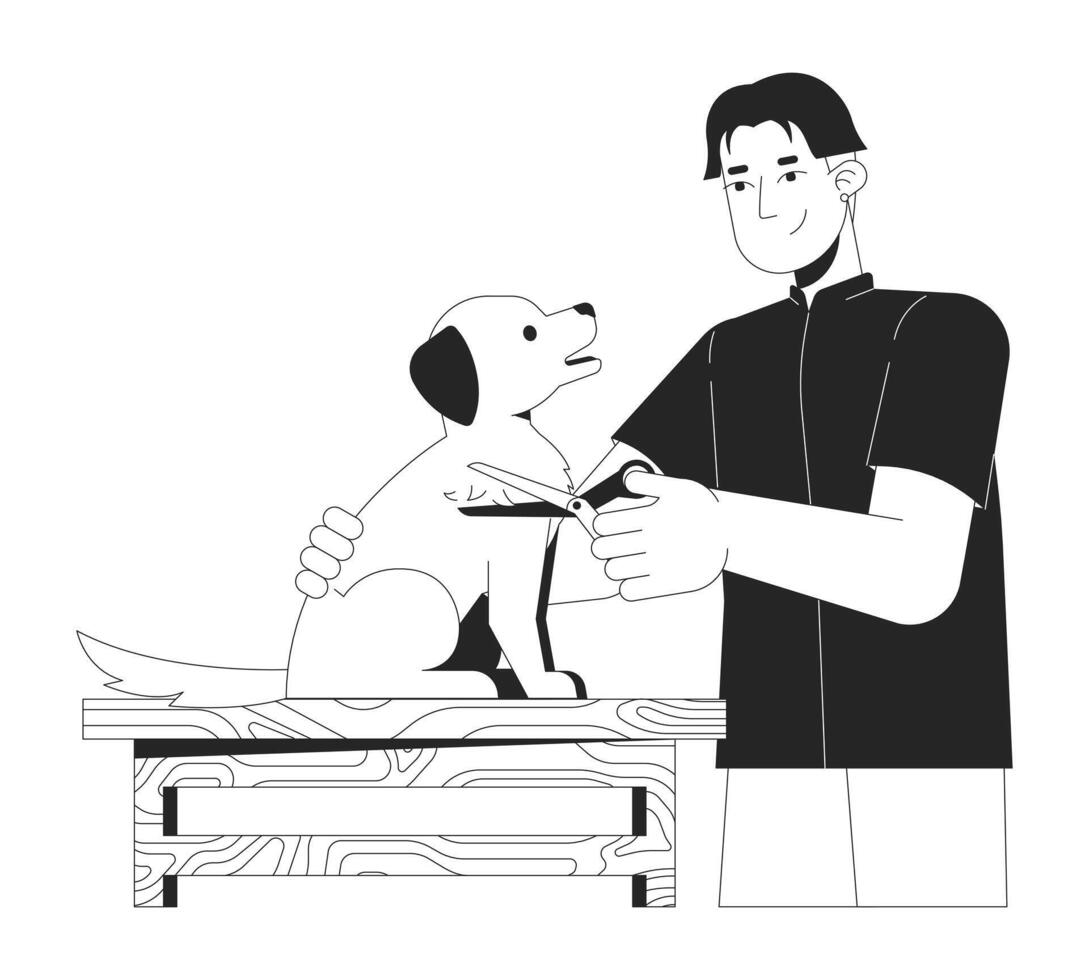 asiatisch Mann Pflege Hund schwarz und Weiß 2d Linie Karikatur Charakter. Pistenfahrzeug nehmen Pflege von Haustier isoliert Vektor Gliederung Person. Tier Schönheit und Hygiene Bedienung monochromatisch eben Stelle Illustration