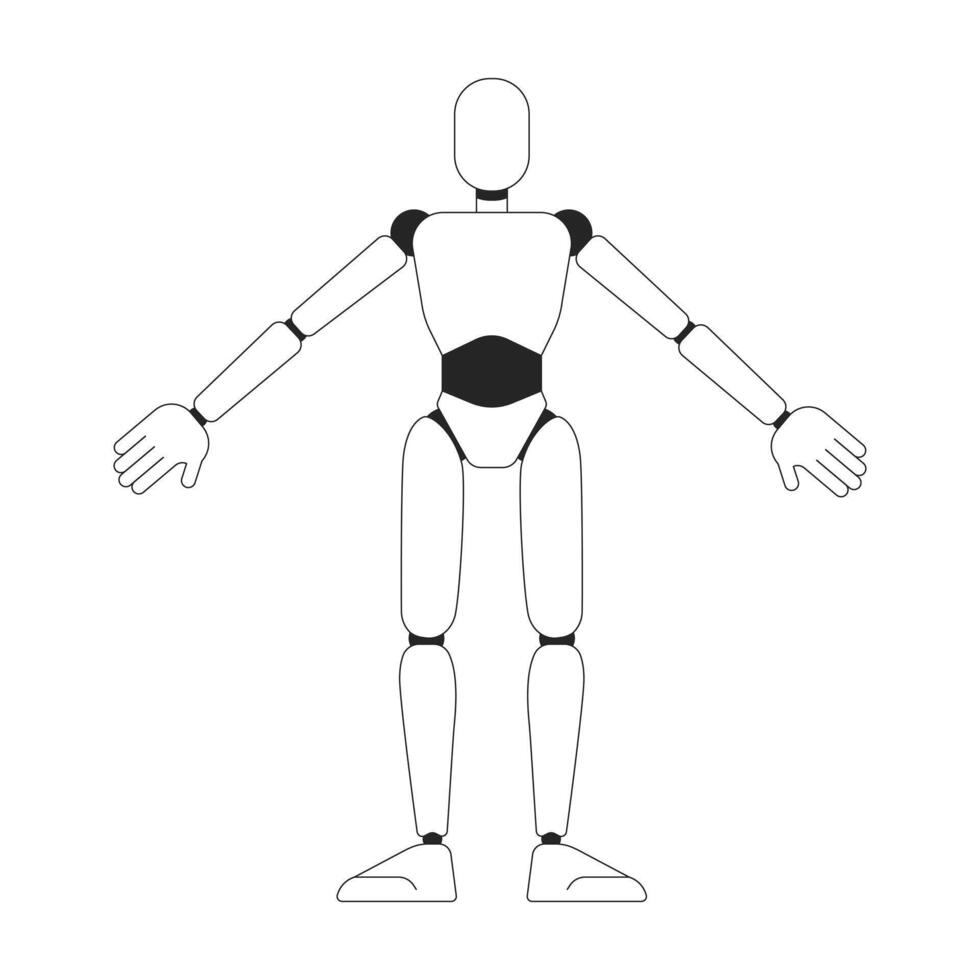 Humanoid Roboter Modell- schwarz und Weiß 2d Linie Karikatur Charakter. Ingenieurwesen Büro Maschine Prototyp isoliert Vektor Gliederung Persönlichkeit. Roboter Industrie monochromatisch eben Stelle Illustration