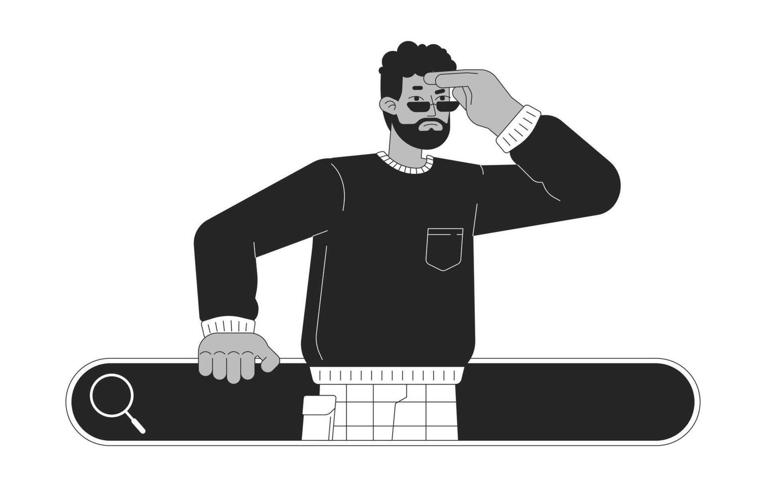 Mann haben Probleme mit online Suche schwarz und Weiß 2d Linie Karikatur Charakter. schwarz männlich im Browser Bar isoliert Vektor Gliederung Person. Internet Quellen monochromatisch eben Stelle Illustration