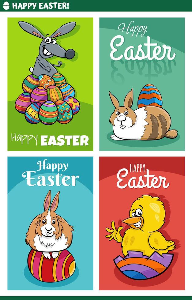 tecknad serie påsk hälsning kort mönster uppsättning med kaniner och brud vektor