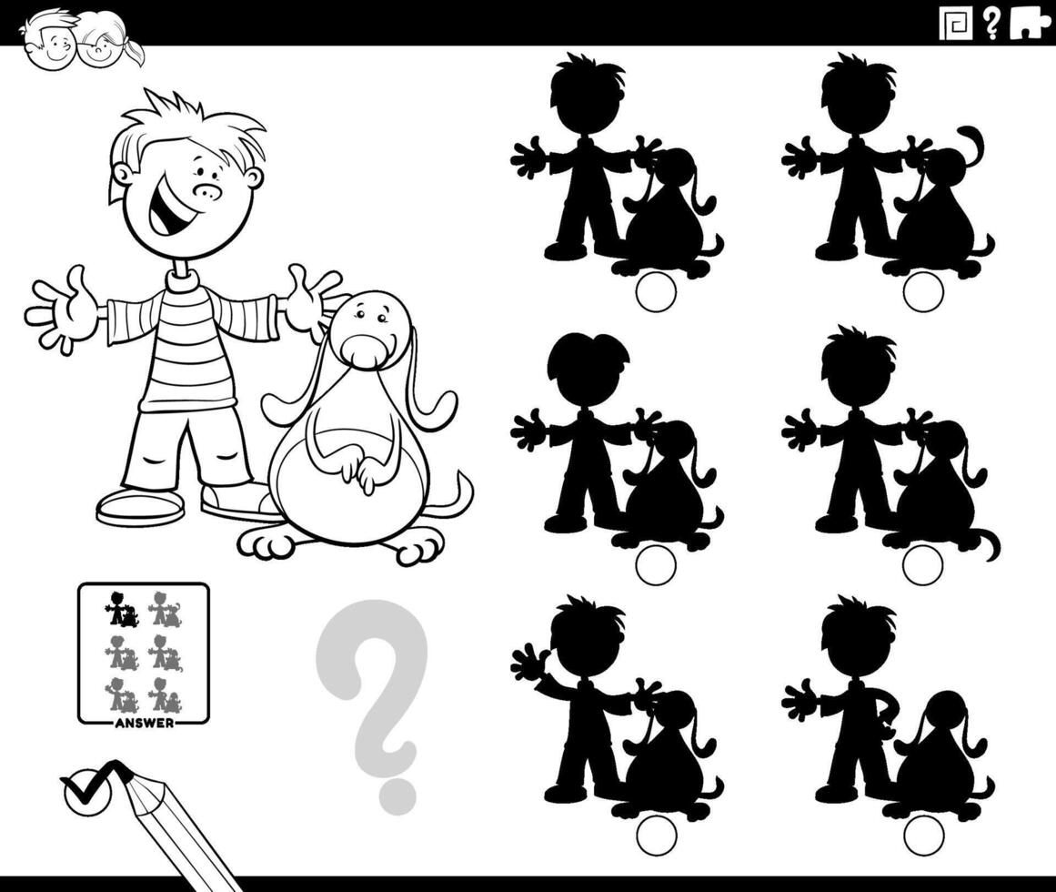 Schatten Spiel mit Karikatur Junge und seine Hund Färbung Seite vektor