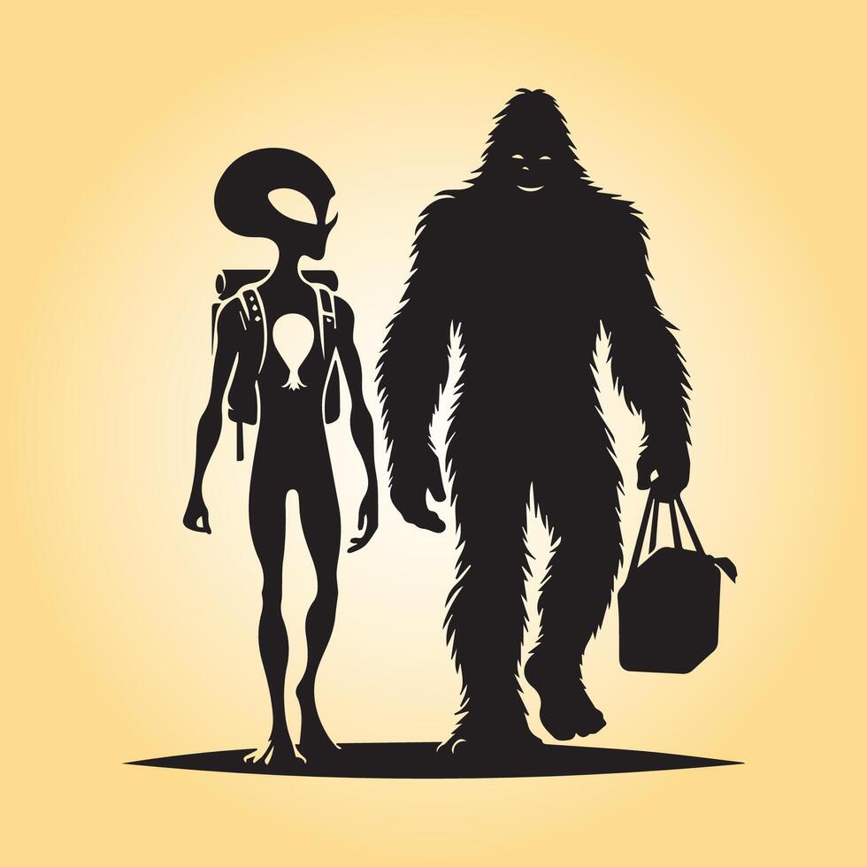 ai generiert Bigfoot mit Außerirdischer gehen zu Markt Silhouette Vektor Illustration