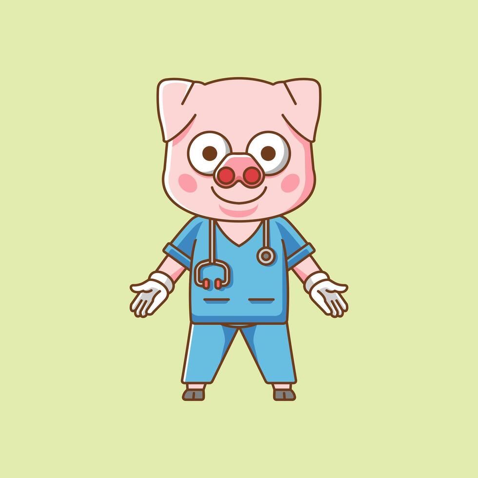 söt gris läkare medicinsk personal chibi karaktär maskot ikon platt linje konst stil illustration begrepp tecknad serie vektor